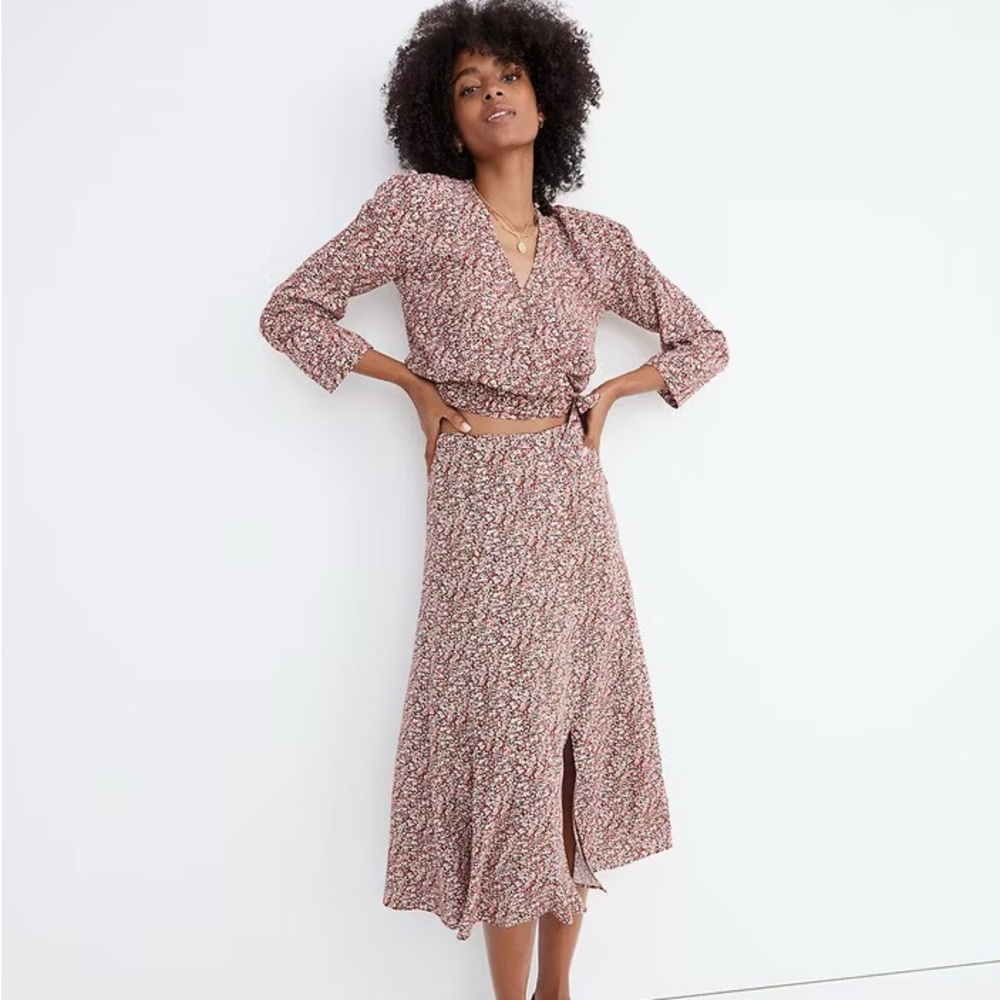 Madewell Cottage Floral/Brown and Pink Floral Midi Skirt with Slit - 16
